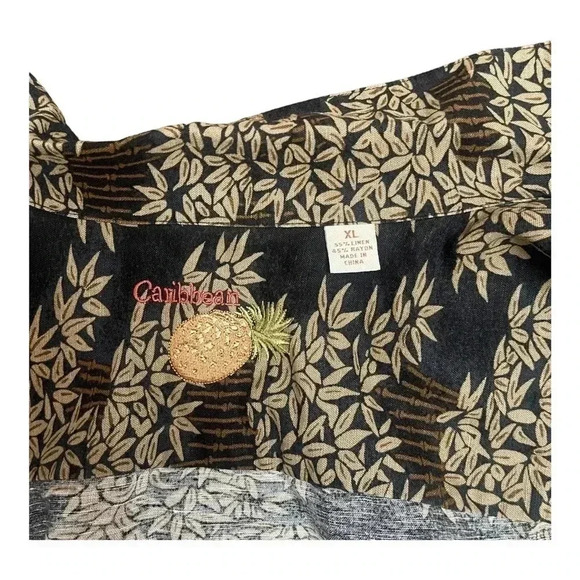 Caribbean Brown Black Linen Blend Bamboo Causal Button Short Sleeve Shirt Men XL - Picture 6 of 14